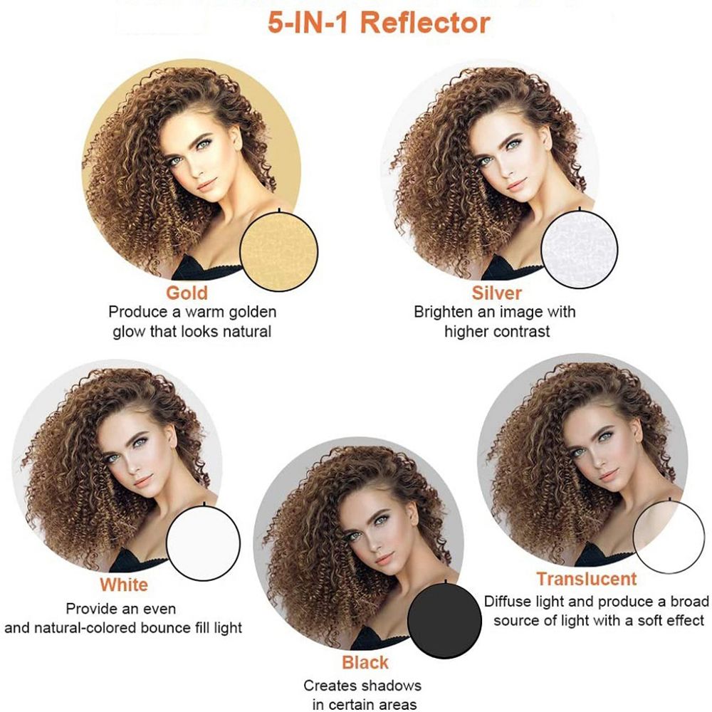 Reflector 5 In 1 110Cm - 60cm、80cm、110cmのポータブルフォトスタジオ。5つの機能が1つになったライトディフューザー、写真用反射板、折りたたみ式。