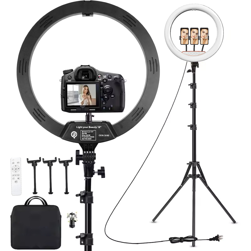 Ring Light 18 Inch Studio - 18インチリングライトフォトスタジオランプ、78インチ三脚スタンド付き、バイカラー2700-6500K、ビデオ録画、メイクアップ、自撮り用リングライト