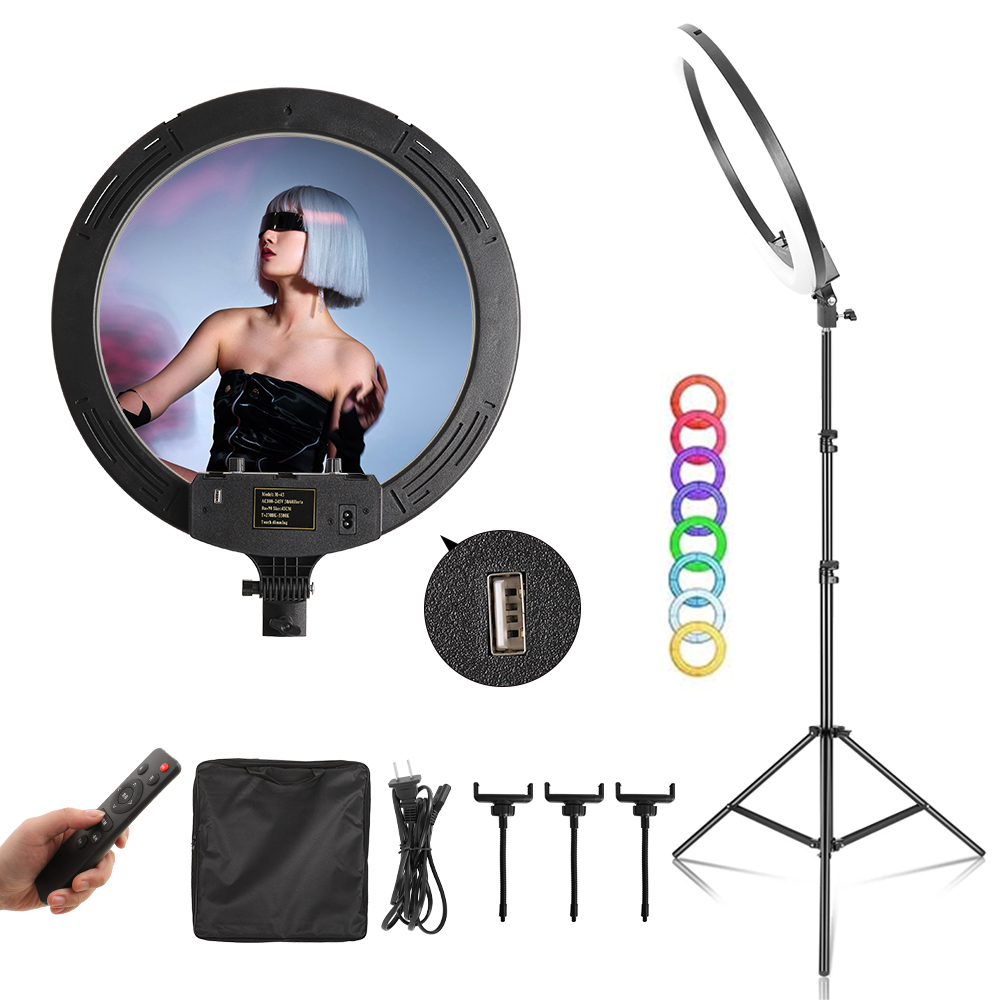 三脚と電話クリップ付きのrgb調光可能セルフィーリングライト - Ring Light 18 Inch Studio のレビューと価格